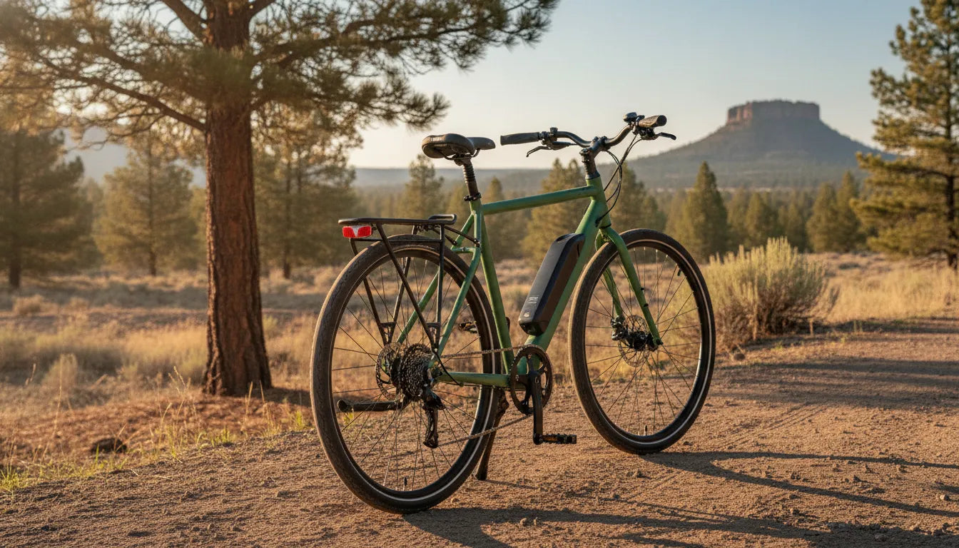 Electric bike rear rack on a commuter e-bike near a Central Oregon trail