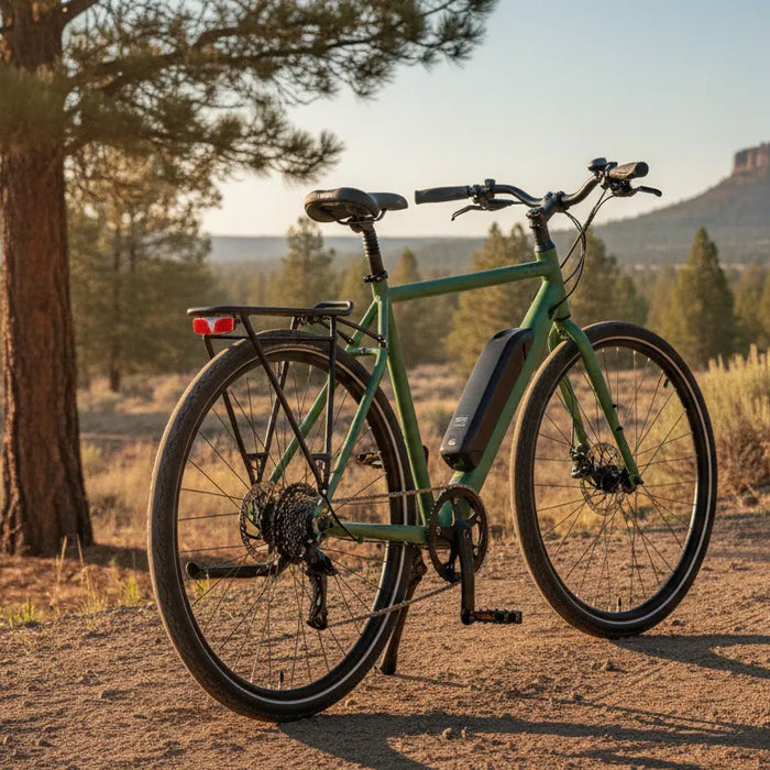 Electric bike rear rack on a commuter e-bike near a Central Oregon trail