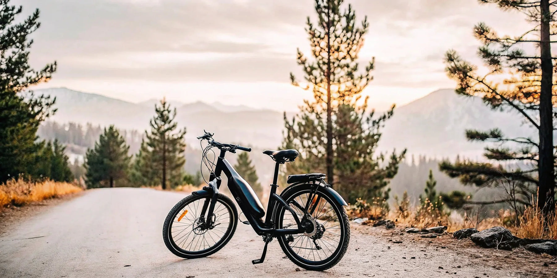 A rental electric bike parked on a scenic forest trail at sunrise.