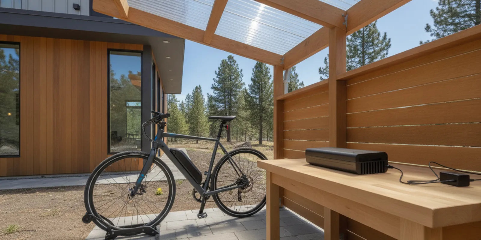 Electric bike secured beneath a covered outdoor shelter