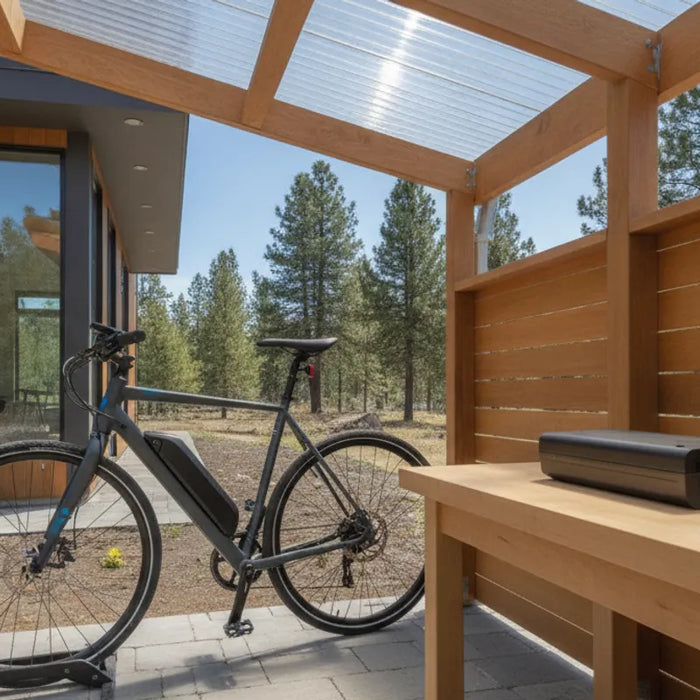 Electric bike secured beneath a covered outdoor shelter