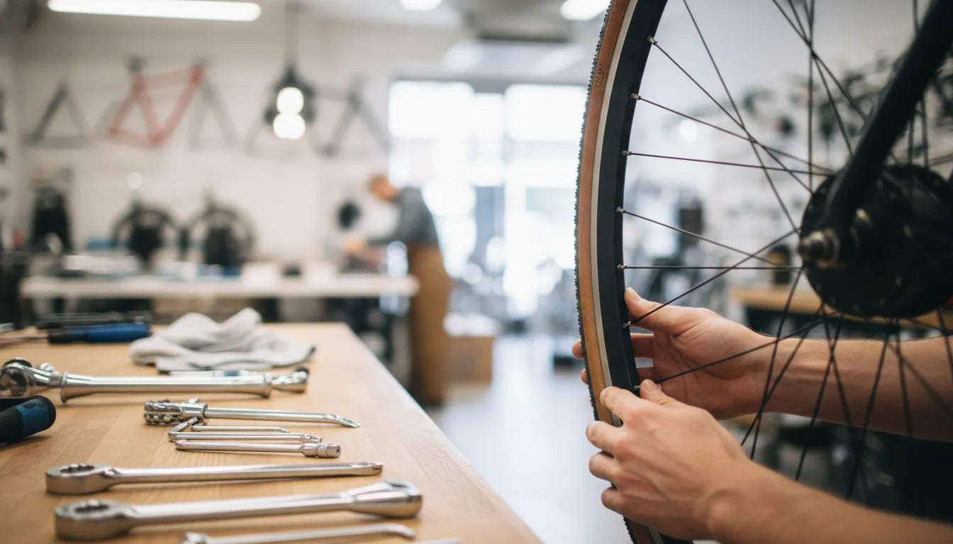Electric bike wheel and tire being inspected in a bicycle workshop