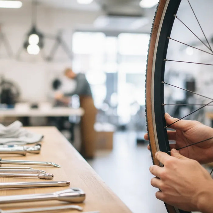 Electric bike wheel and tire being inspected in a bicycle workshop