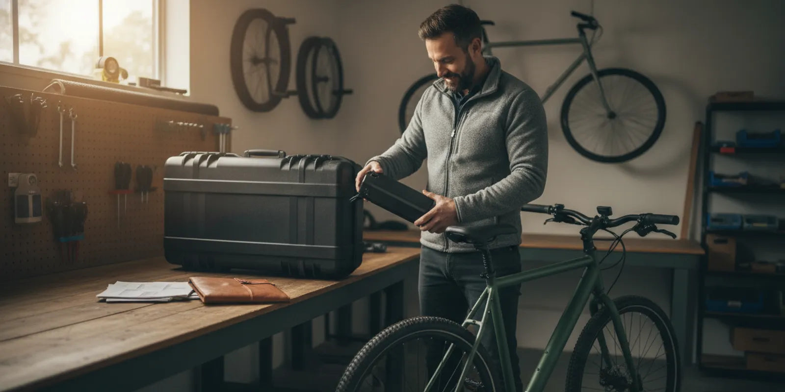 Traveler checks a removable e-bike battery beside a packed electric bicycle before a trip