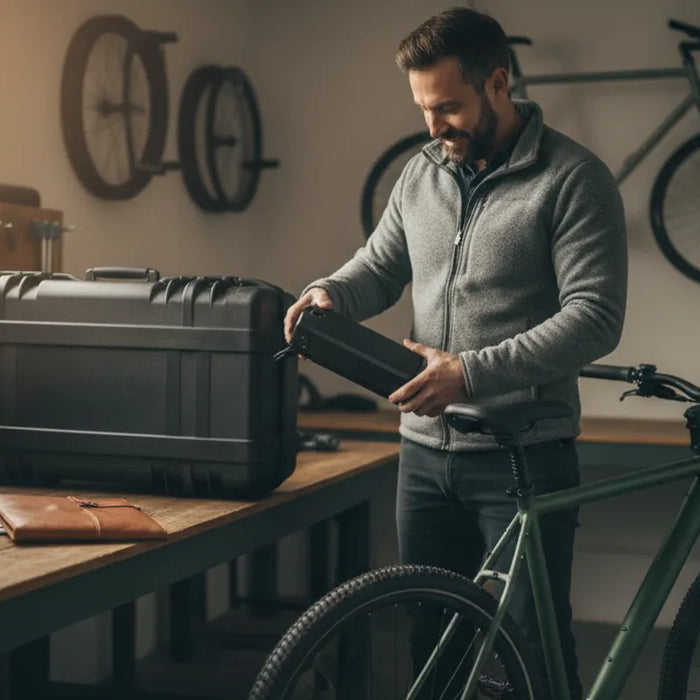 Traveler checks a removable e-bike battery beside a packed electric bicycle before a trip