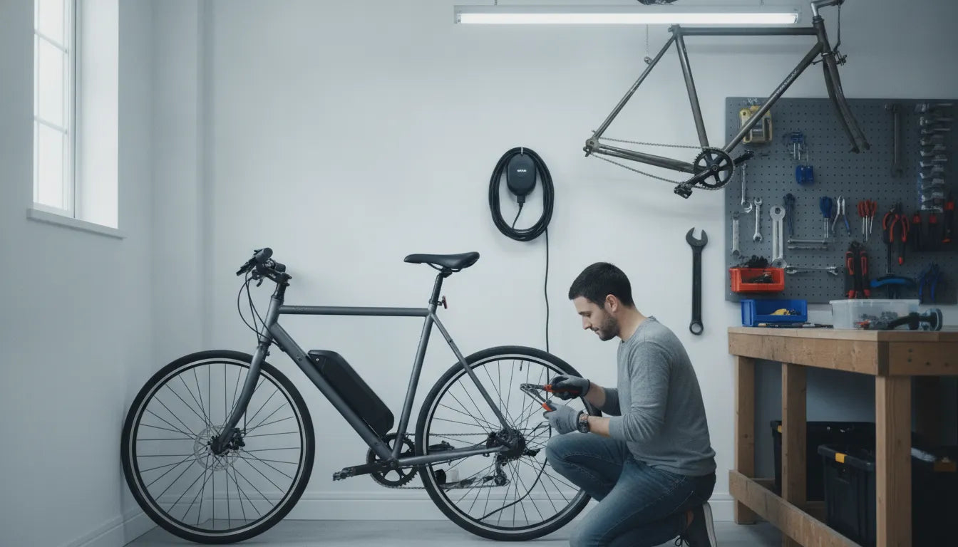 Electric bike troubleshooting checklist in a home garage