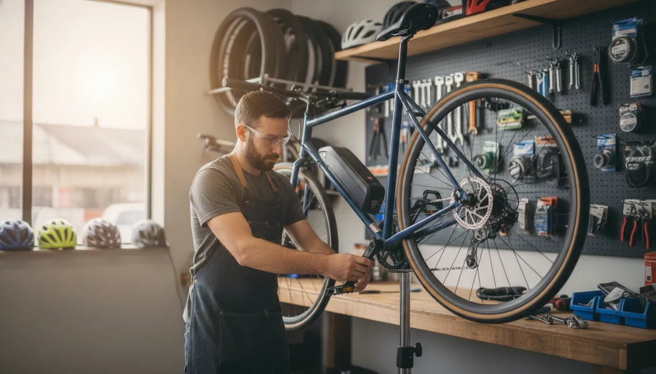 Technician inspecting an electric bike during an electric bike tune up cost consultation
