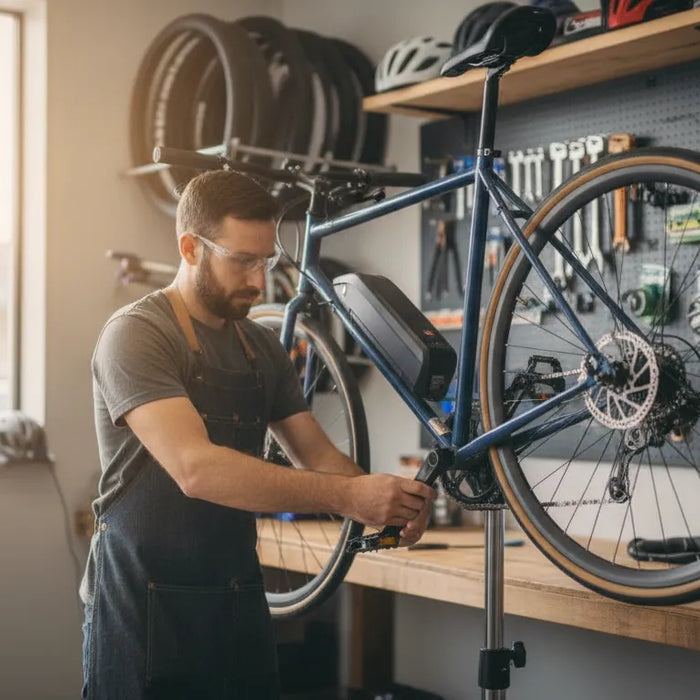 Technician inspecting an electric bike during an electric bike tune up cost consultation