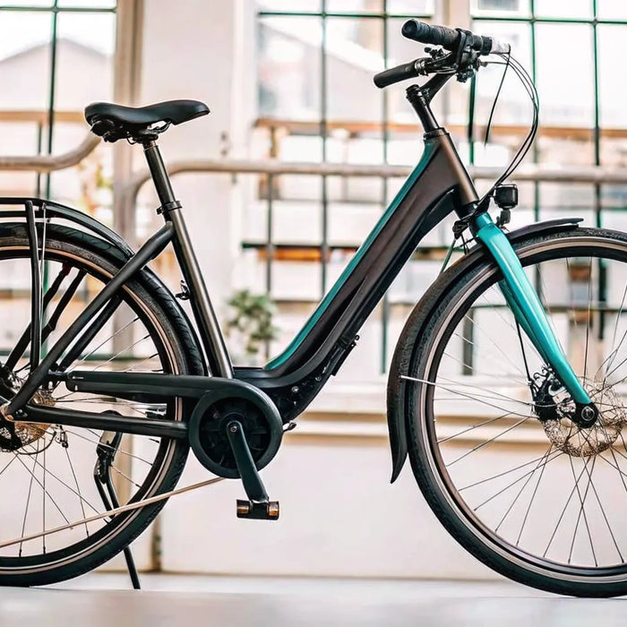 A step-through electric bike with two batteries for extended range and utility.