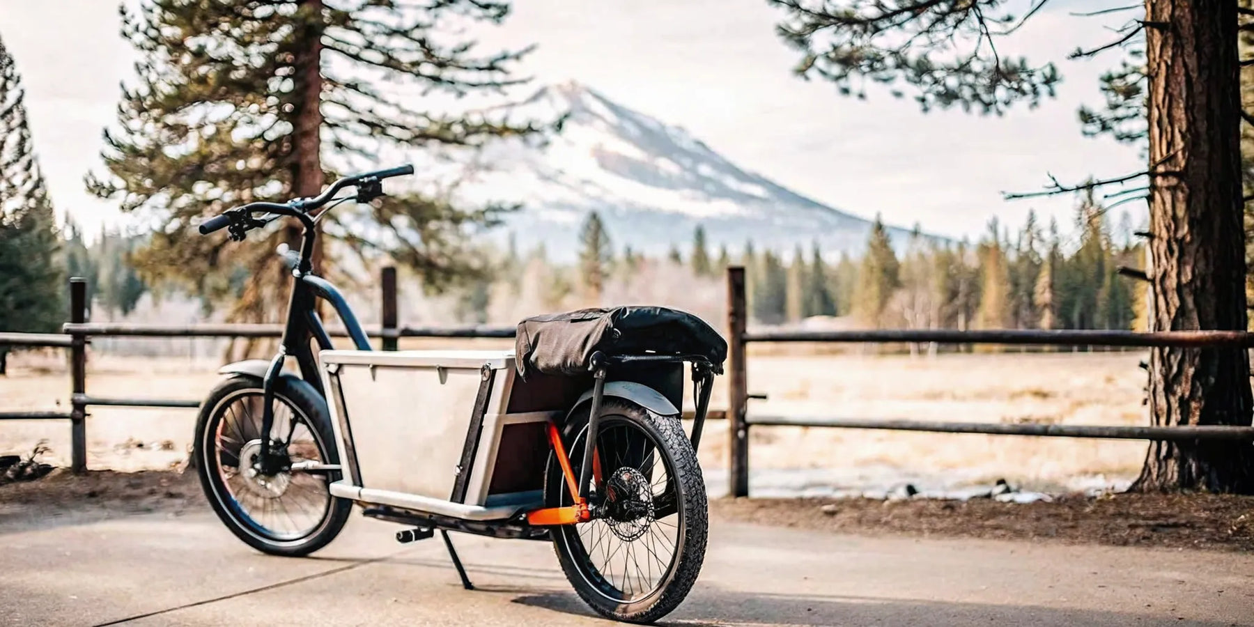 Electric cargo bike ready for passengers and gear near Bend, Oregon