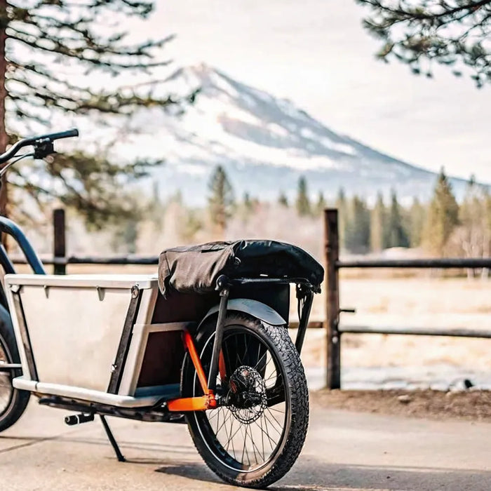 Electric cargo bike ready for passengers and gear near Bend, Oregon