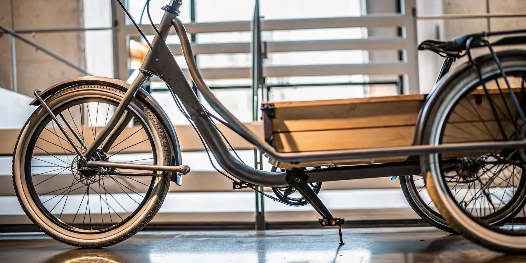 An electric front load cargo bike with a large wooden box.