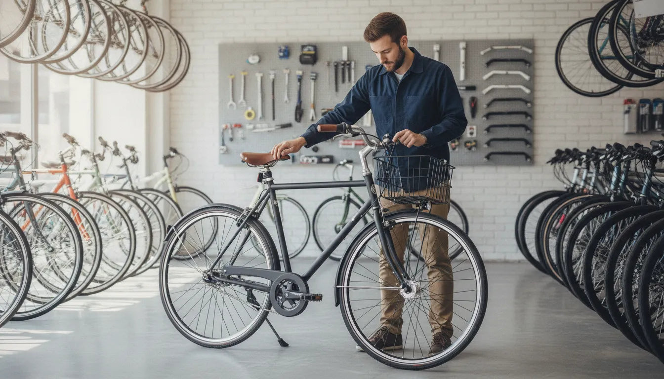 Rider checking the fit of an upright electric commuter bike before a city ride