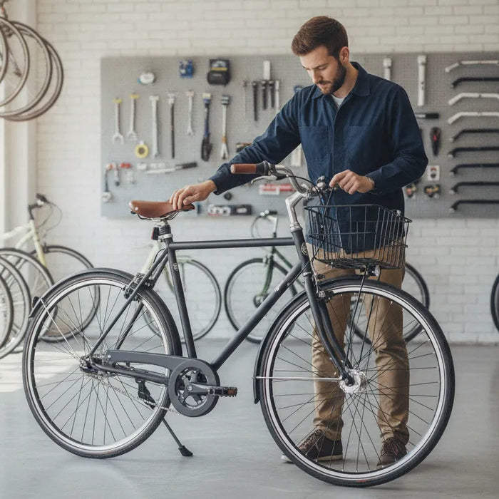 Rider checking the fit of an upright electric commuter bike before a city ride