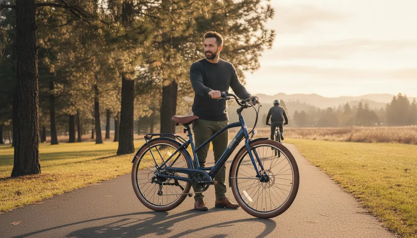 Adult rider evaluating a comfortable electric cruiser bike on a Bend Oregon trail