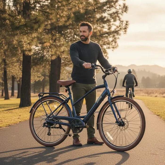 Adult rider evaluating a comfortable electric cruiser bike on a Bend Oregon trail