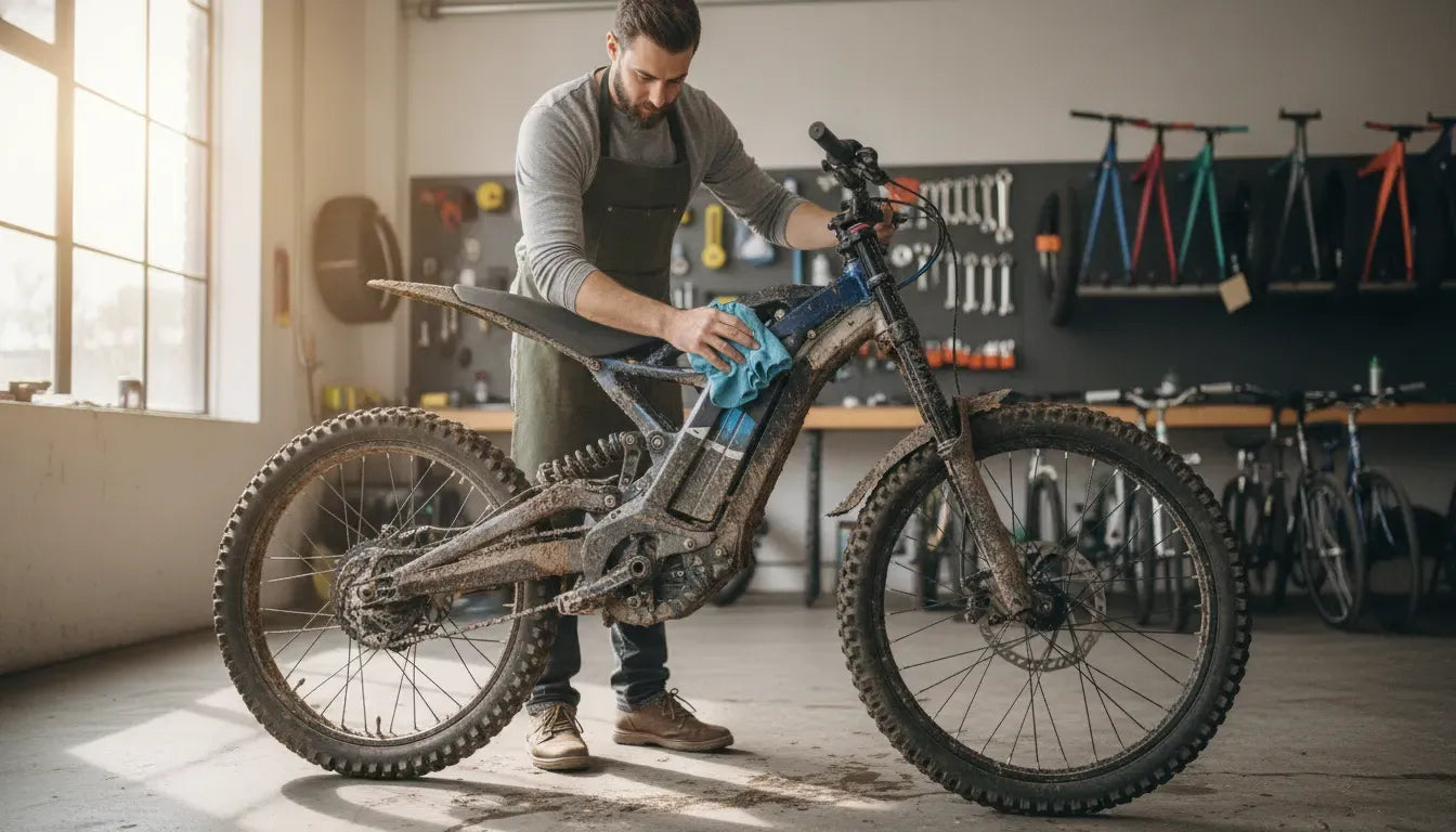 Electric dirt bike maintenance after an off-road ride in a workshop