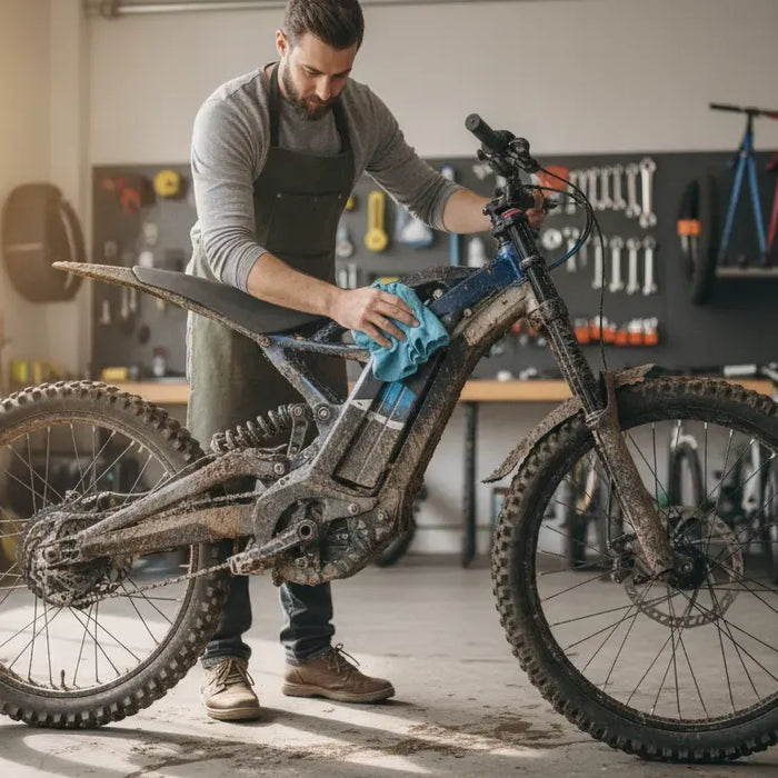 Electric dirt bike maintenance after an off-road ride in a workshop