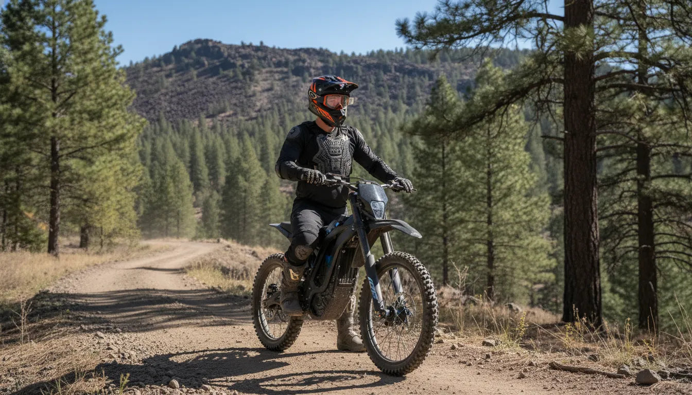 Electric dirt bike rider beside a Central Oregon trail