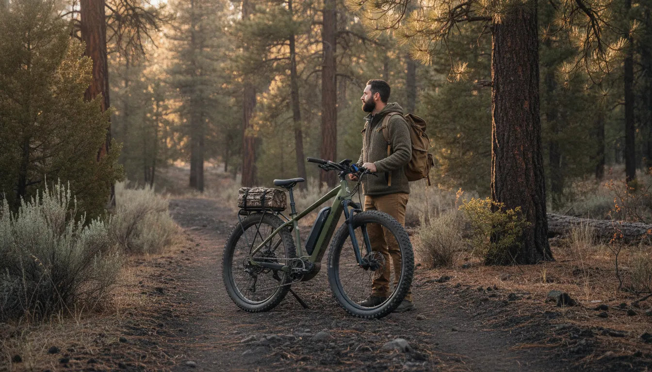 Electric off-road bike for hunting on a Central Oregon forest trail