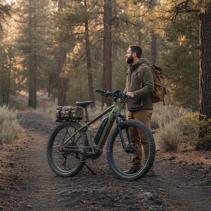 Electric off-road bike for hunting on a Central Oregon forest trail