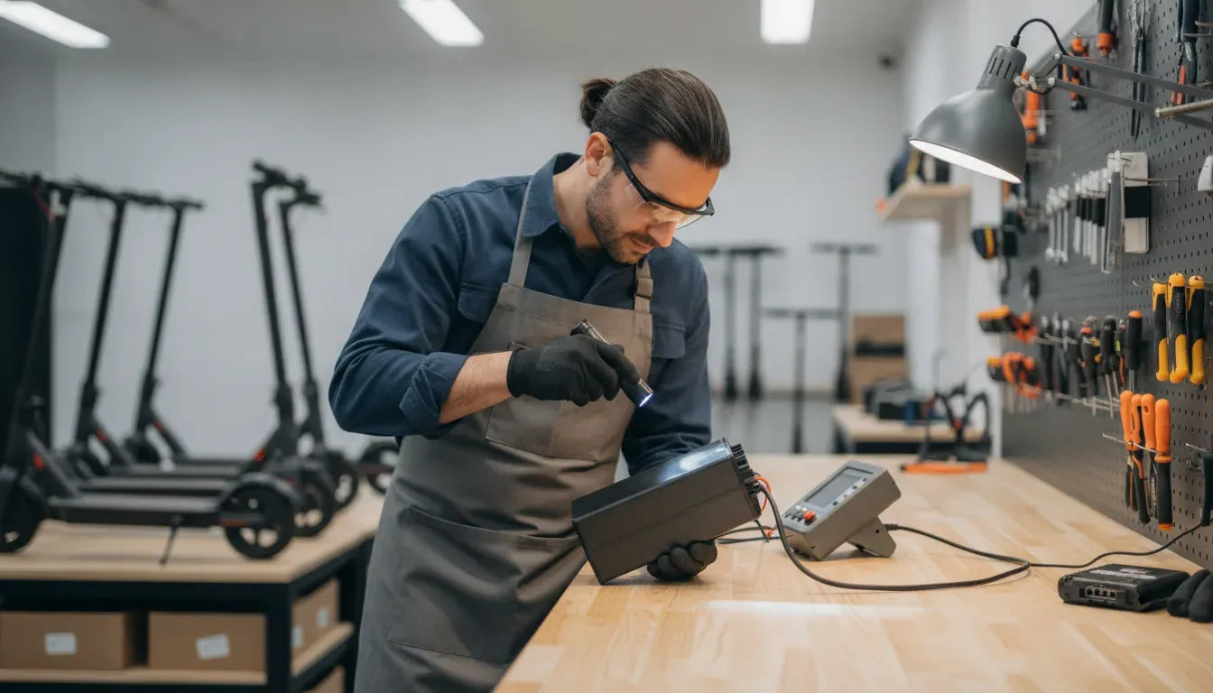 Technician inspecting an electric scooter battery and connectors during a safe replacement diagnosis