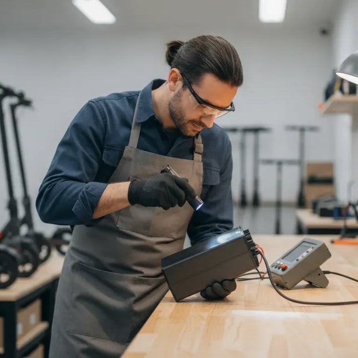 Technician inspecting an electric scooter battery and connectors during a safe replacement diagnosis