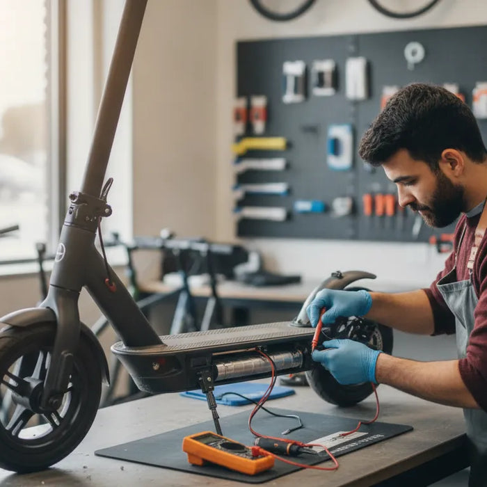 Electric scooter battery inspection in a Bend Oregon service workshop