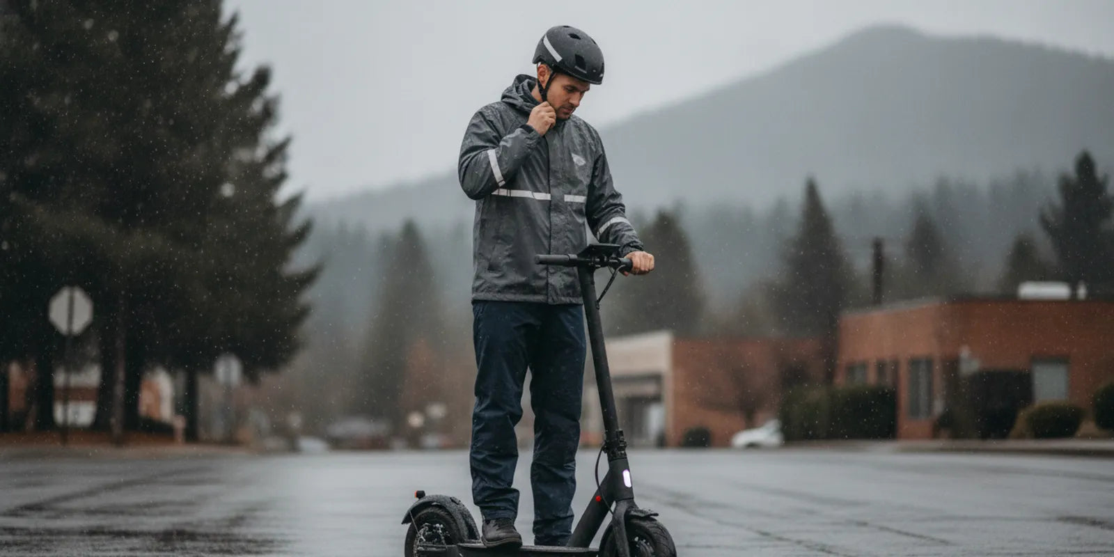 Electric scooter rider preparing for a wet ride on a Bend street