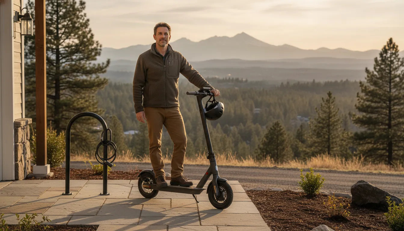 Electric scooter rider reviewing responsible ownership in Central Oregon