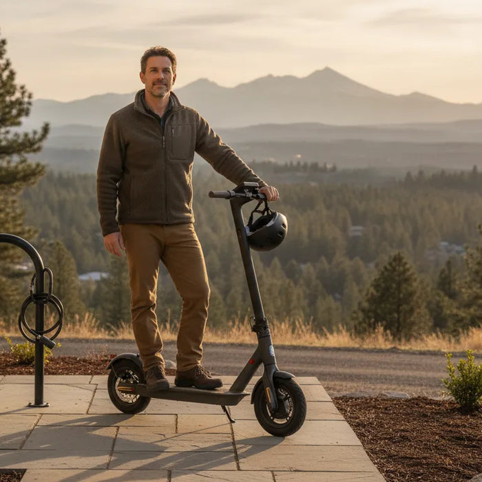Electric scooter rider reviewing responsible ownership in Central Oregon