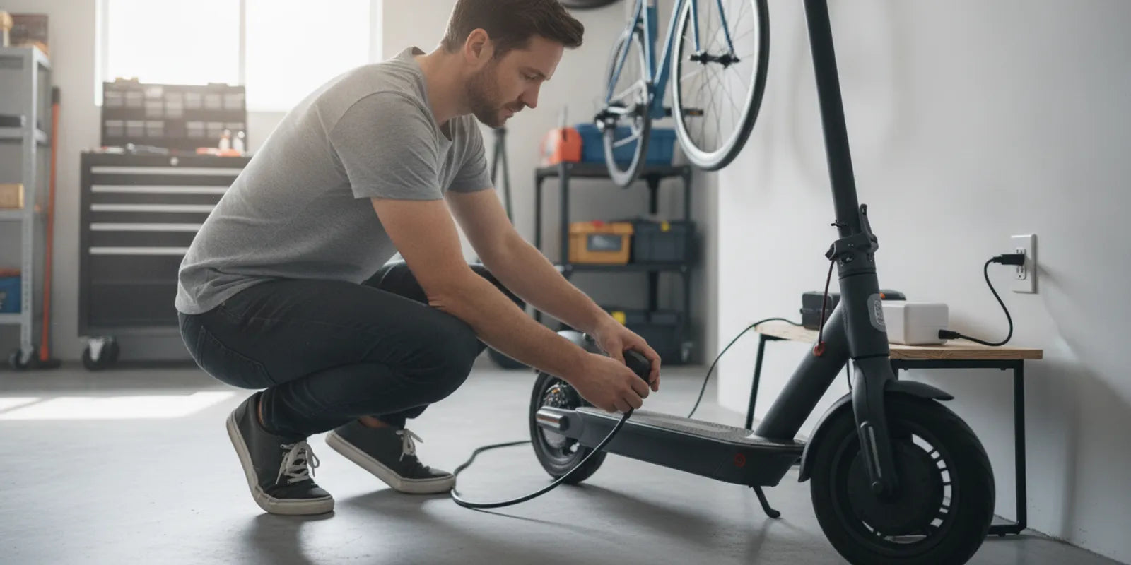 Rider checking an electric scooter charging connection at home