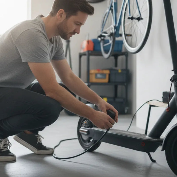 Rider checking an electric scooter charging connection at home