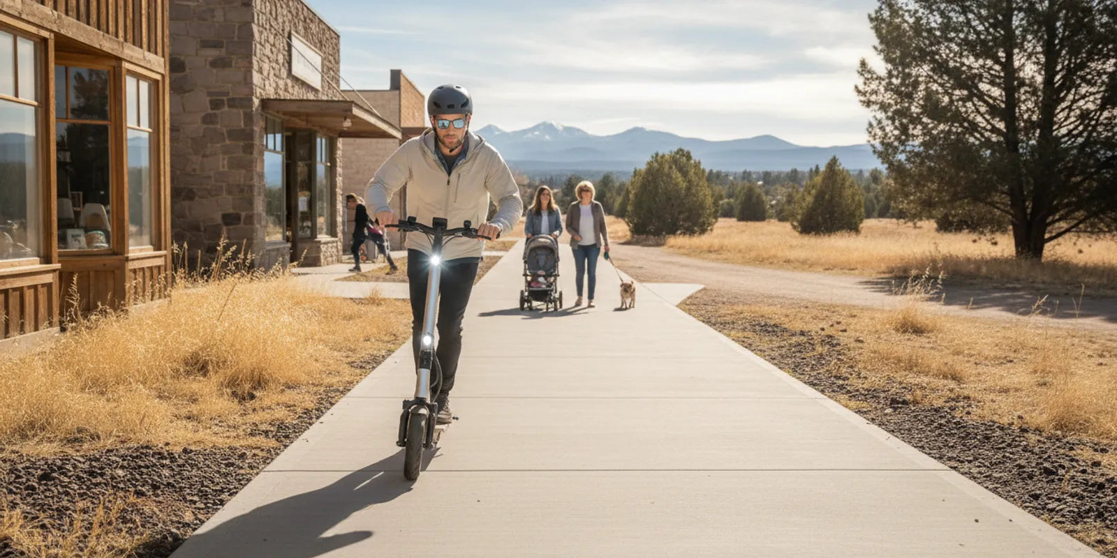 Adult rider using an electric scooter carefully near a Bend sidewalk