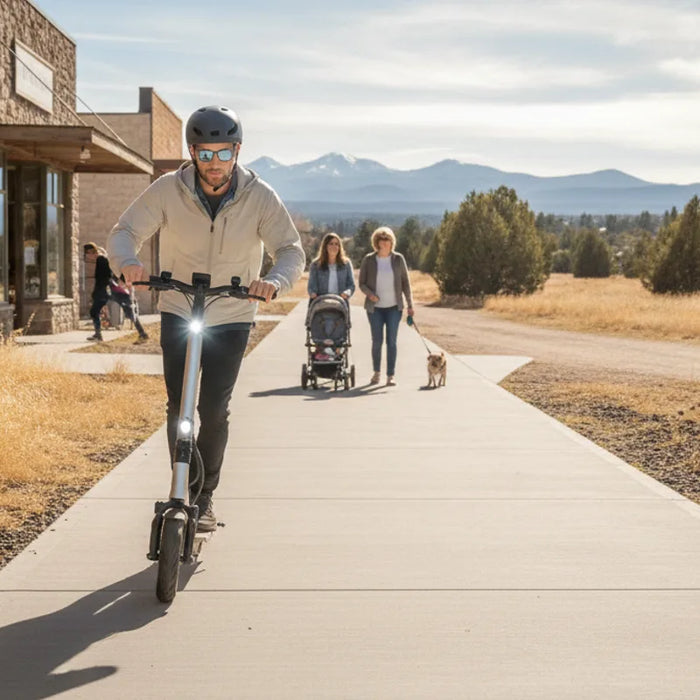Adult rider using an electric scooter carefully near a Bend sidewalk