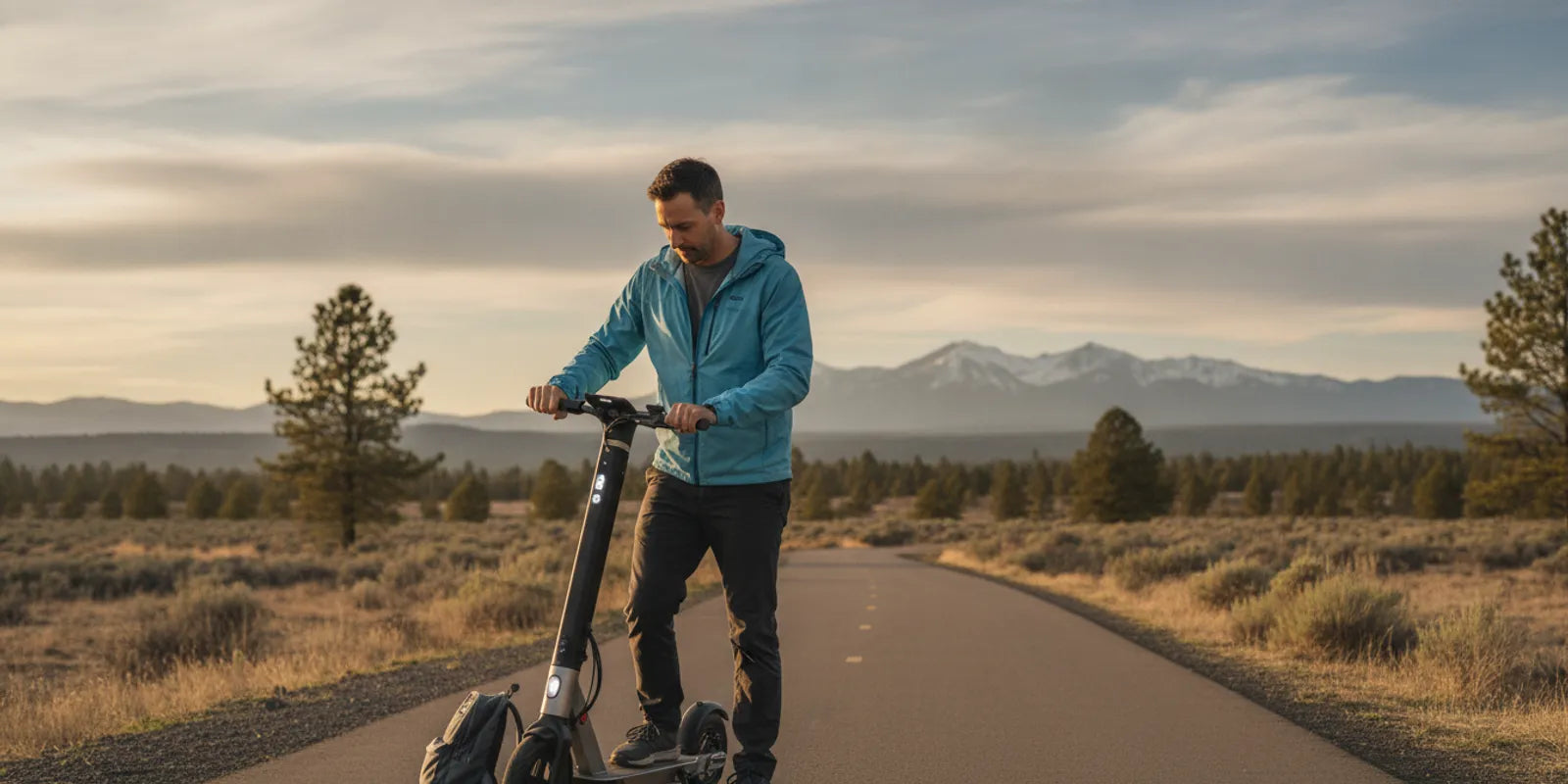 Rider preparing an electric scooter for a scenic ride in Bend, Oregon