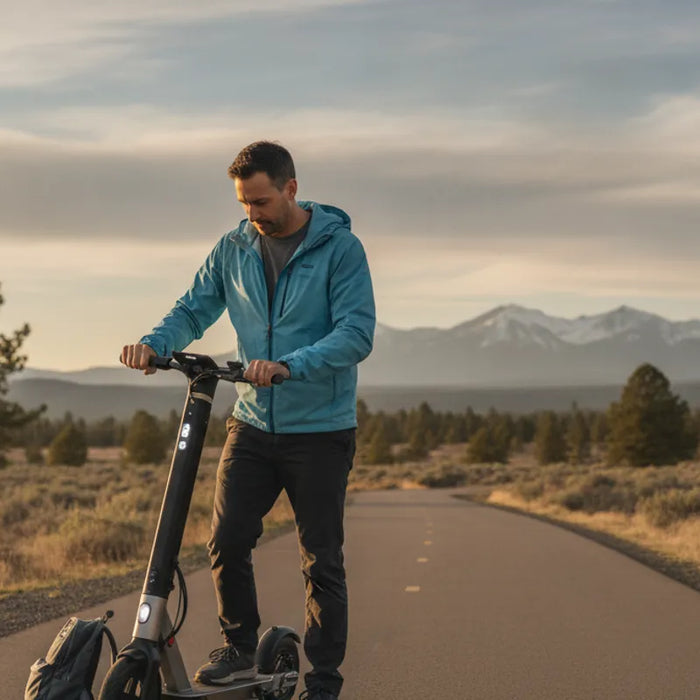 Rider preparing an electric scooter for a scenic ride in Bend, Oregon