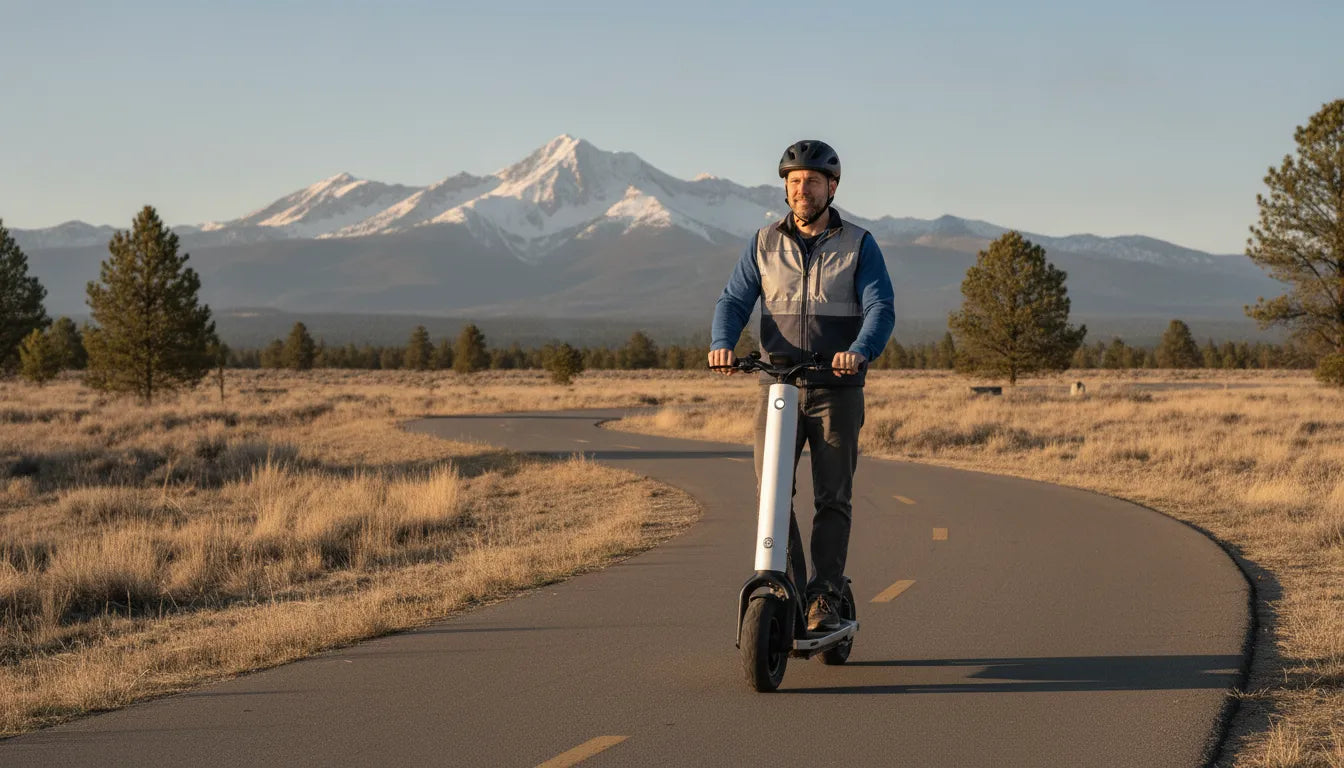 Adult rider wearing a helmet on a Segway-style electric scooter on a Bend Oregon path