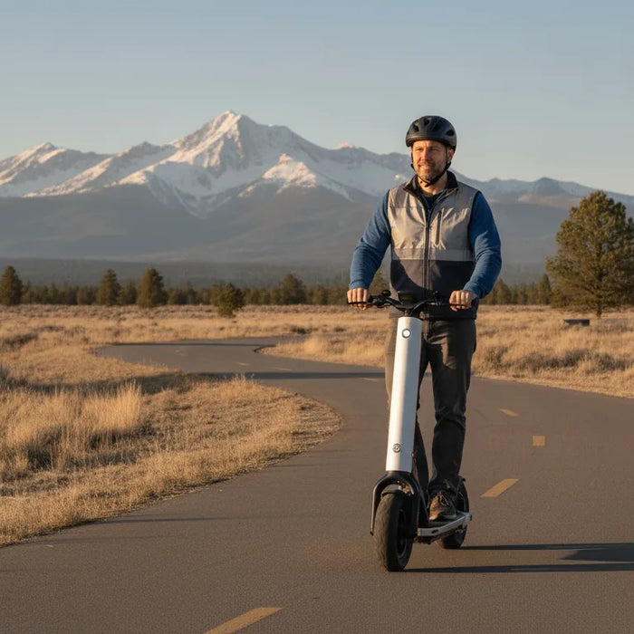 Adult rider wearing a helmet on a Segway-style electric scooter on a Bend Oregon path