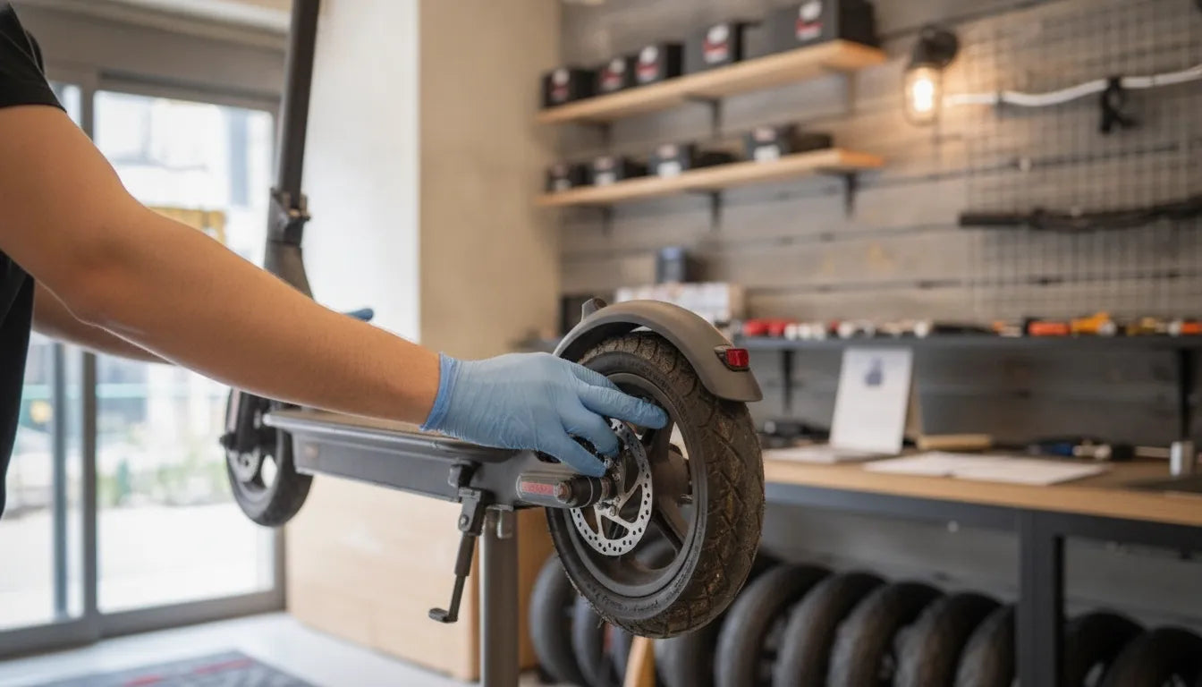 Technician inspecting an electric scooter tire in a Bend service workshop