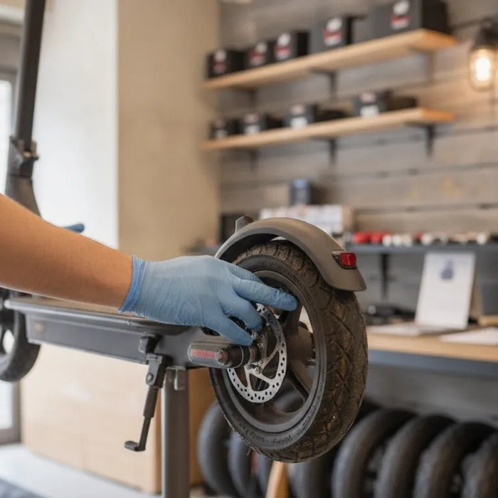 Technician inspecting an electric scooter tire in a Bend service workshop