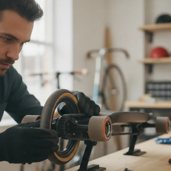 Rider inspecting the wheels and drive system of an electric skateboard