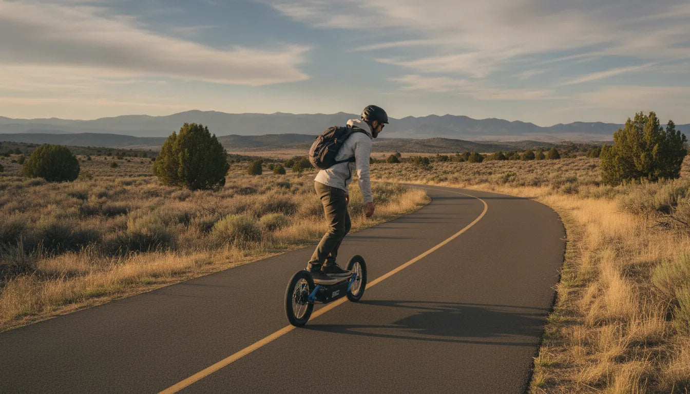 Rider cruising an electric skateboard on a Central Oregon trail