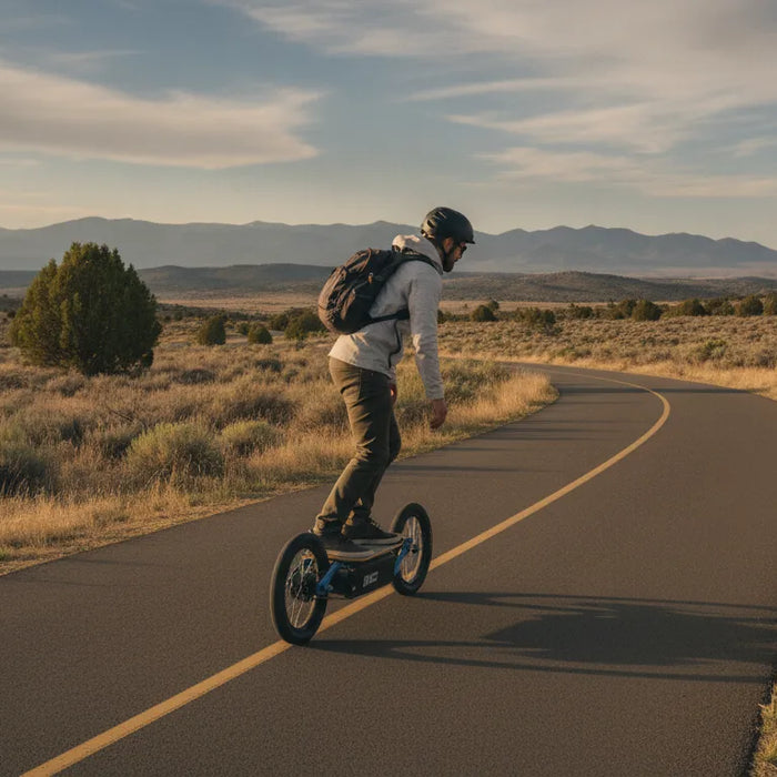Rider cruising an electric skateboard on a Central Oregon trail