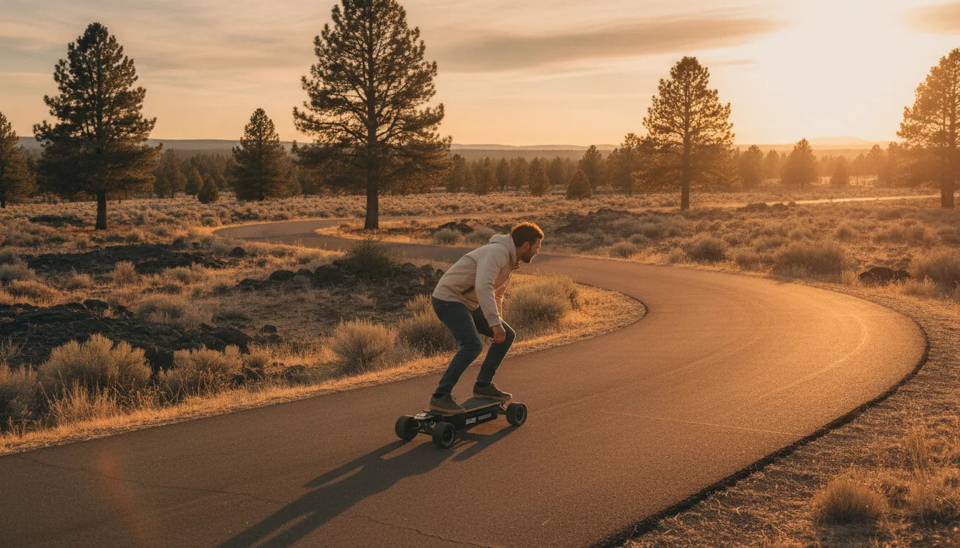 Electric skateboard beside a Central Oregon trail