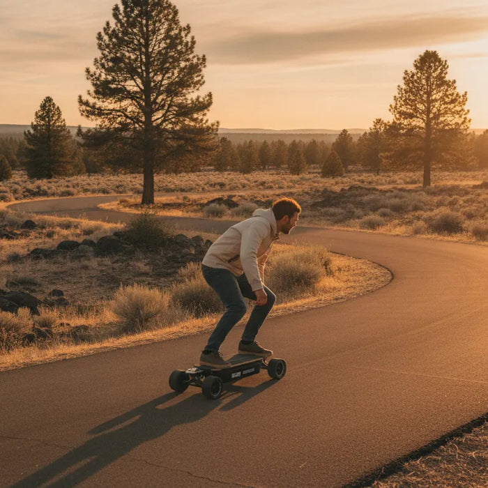Electric skateboard beside a Central Oregon trail