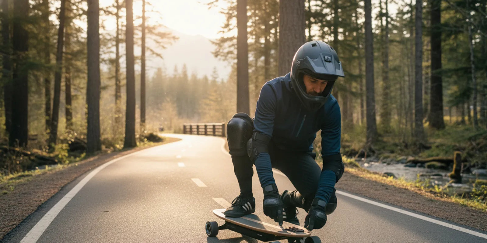 Rider wearing a helmet, wrist guards, knee pads, and reflective clothing on an electric skateboard