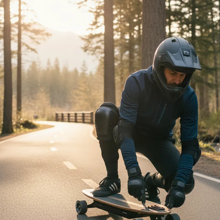 Rider wearing a helmet, wrist guards, knee pads, and reflective clothing on an electric skateboard