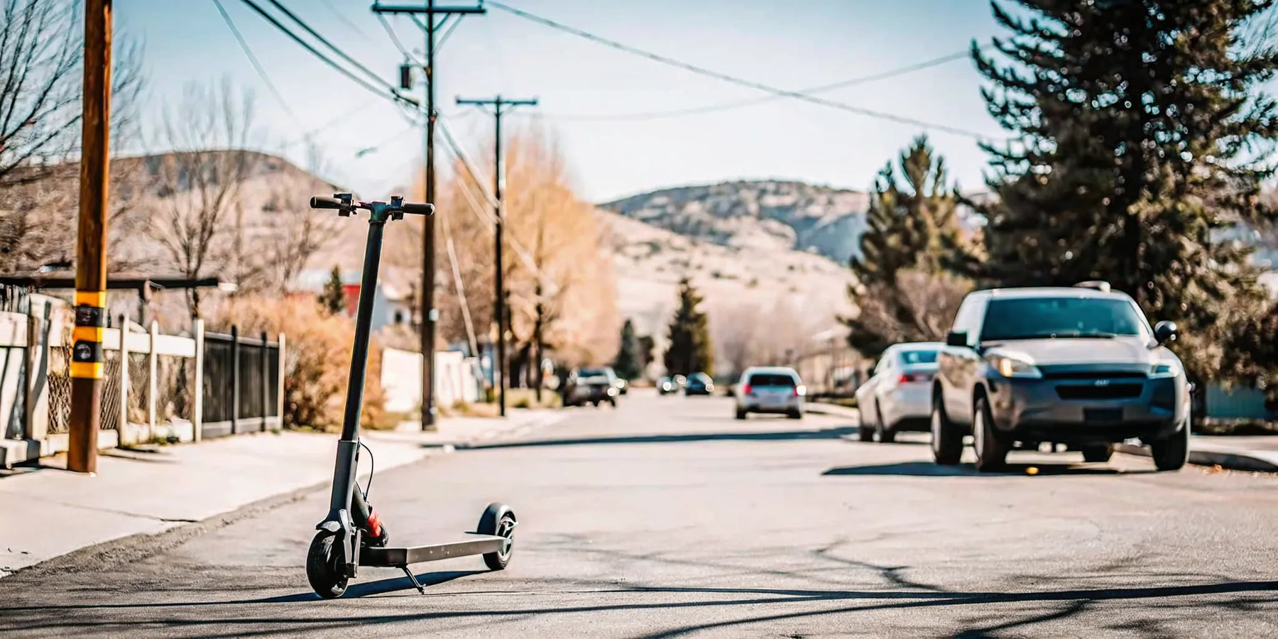 Electric skateboard and electric scooter on a scenic Bend Oregon street with mountains in the background