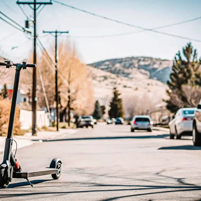 Electric skateboard and electric scooter on a scenic Bend Oregon street with mountains in the background